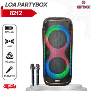 Loa kéo karaoke Partybox ONTEKCO 8212 đèn Led RGB , Bass 20 kèm 2 micro UhF không dây chính hãng