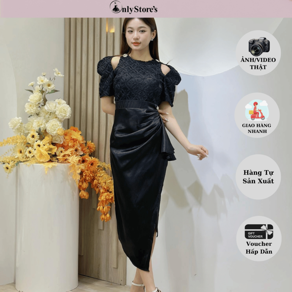 TK132 Đầm lụa tay phồng phối ren nhúng eo sang trọng