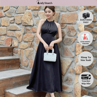 TK189 Đầm lụa xòe cổ yếm buộc nơ to sau lưng đan chéo sang trọng