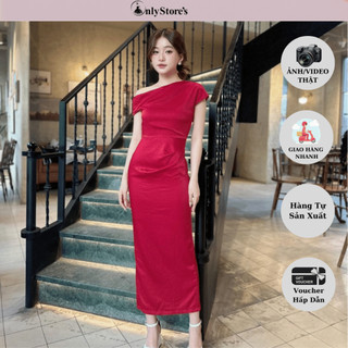 TK193 Đầm lụa lệch vai dáng suôn xẻ tà sau sang trọng