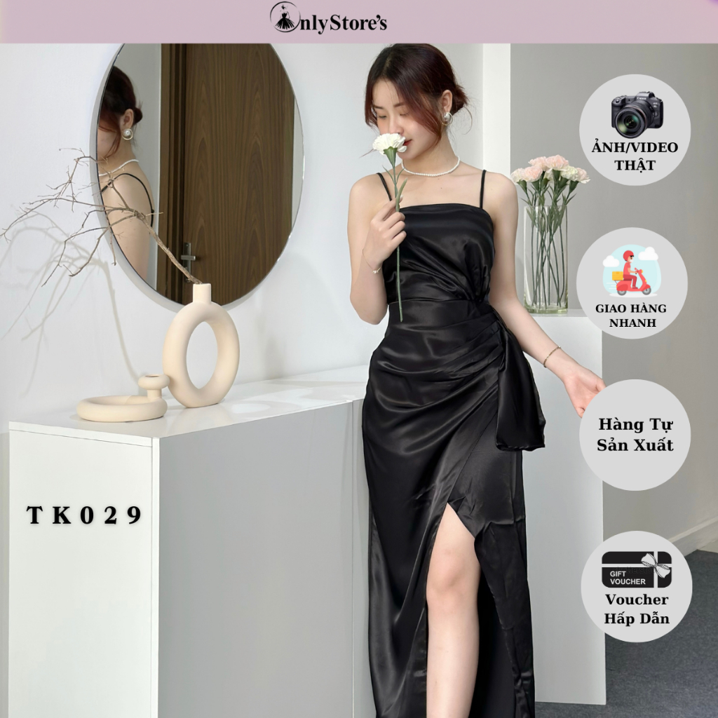 TK029 Đầm lụa body 2 dây xẻ đùi