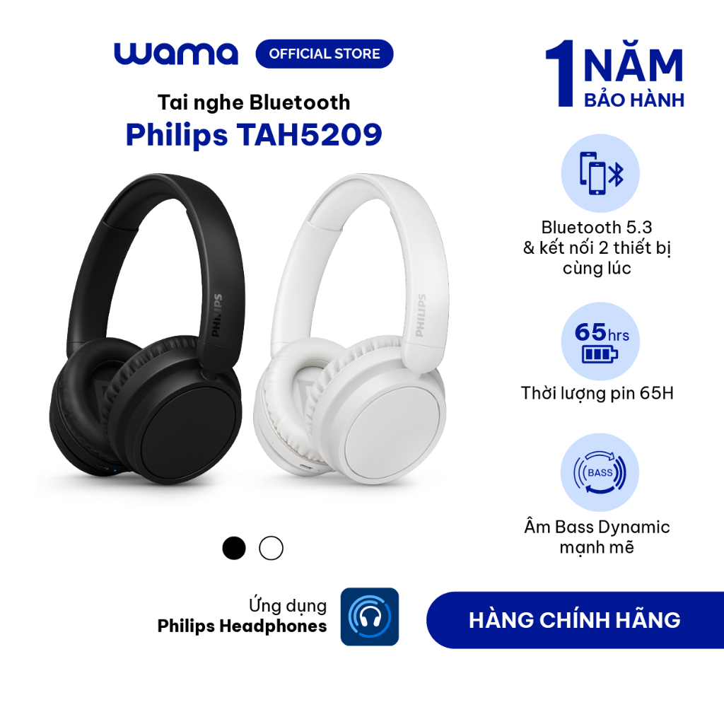 Tai nghe chụp tai không dây Philips 5000 Series TAH5209 Âm thanh sống động Bluetooth 5.3 Pin 65 giờ 