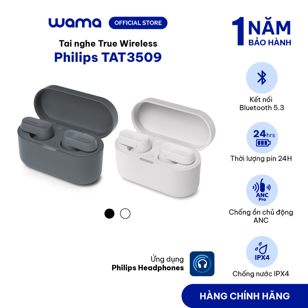 Tai nghe bluetooth chính hãng True Wireless Philips 3000 Series TAT3509 chống ồn ANC Pin 24h chống n