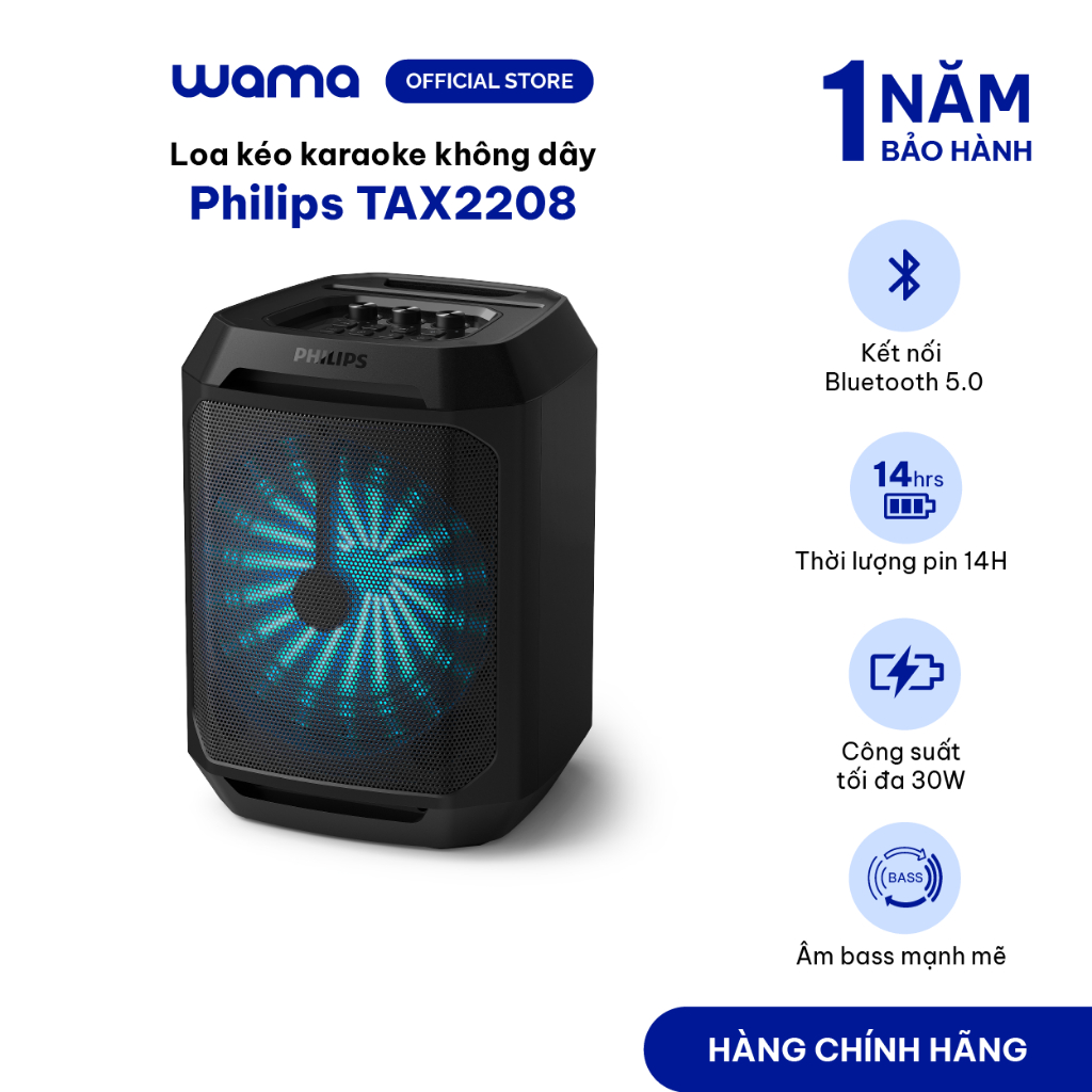 Loa karaoke mini Bluetooth cao cấp Philips TAX2208 Công suất 30W Đèn LED theo nhạc Hiệu ứng Echo Tùy