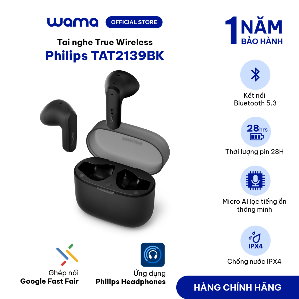 Tai nghe True Wireless Philips TAT2139BK Bluetooth 5.3 Micro AI Pin 28 giờ chông nước IPX4 App tùy c