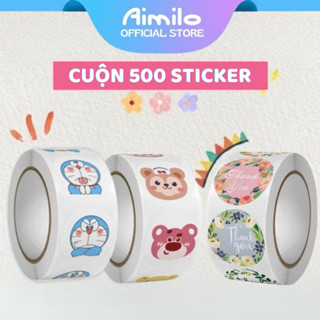Cuộn 500 miếng dán hoạt hình ngộ nghĩnh, tem dán sticker thank you gói hàng, phụ kiện quà tặng