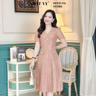  Đầm dự tiệc Nhật Vy cổ V đính nút kiểu dập ly chất zizzac phù hợp dạo phố - D3260 