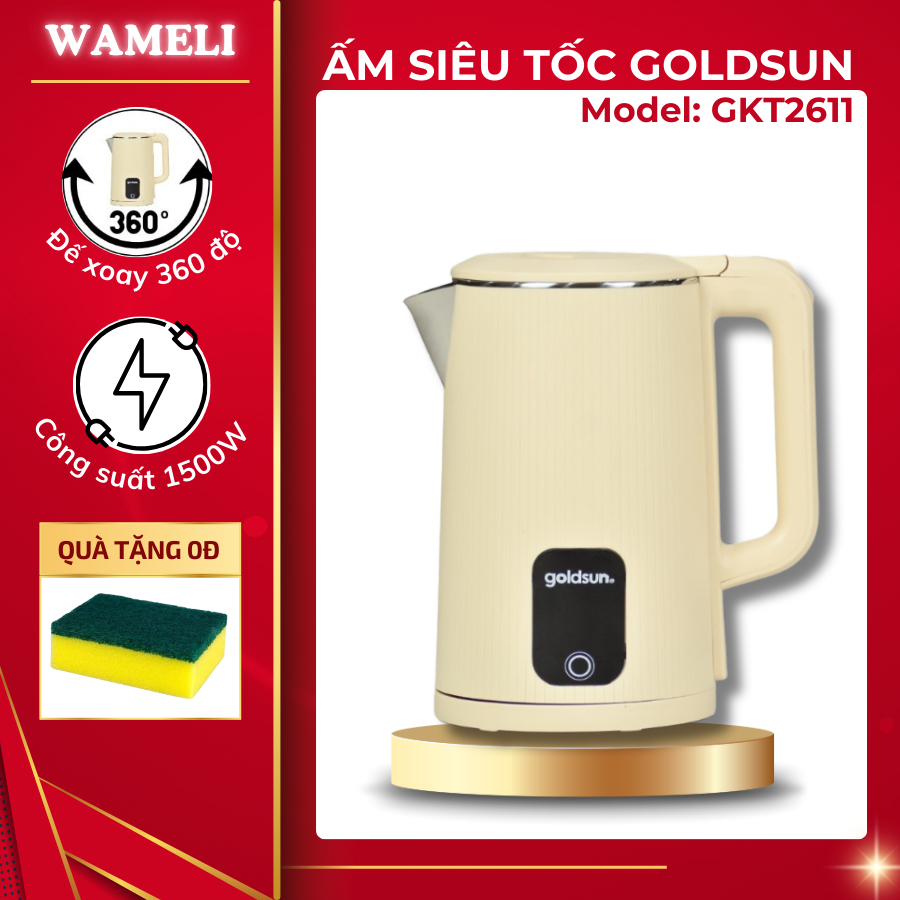 Ấm siêu tốc Goldsun GKT2611 công suất 1500W dung tích 1.8L chế độ tự ngắt vỏ 2 lớp siêu an toàn