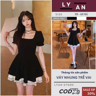 Váy nhung dáng ngắn thiết kế cổ vuông tay bồng siêu sang chảnh,đầm nhung mềm mịn dáng ngắn hai tầng