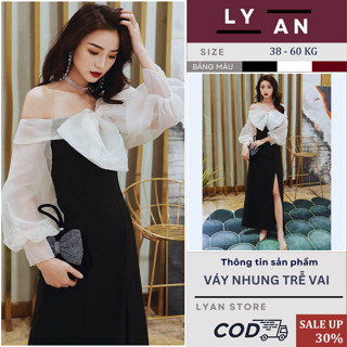 Váy nhung đỏ trễ vai nơ ngực phối tay sang chảnh,đầm nhung cổ nơ trễ vai xinh xắn