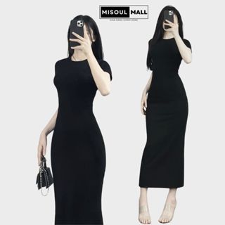 Váy Body Dáng Dài Cổ Tròn Cộc Tay Có Xẻ Sau Chất Thun Cotton Co Dãn MiSoul Mall, Đầm Midi Ôm Dáng Dài Cổ Tròn 378
