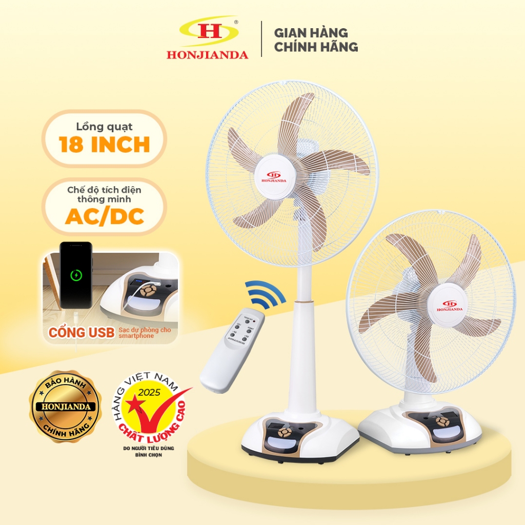 Quạt Sạc Tích Điện để bàn AC&DC 18 inch Honjianda FL628 - có đèn LED hỗ trợ cúp điện