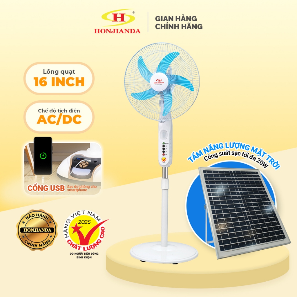 Quạt Sạc Năng Lượng Mặt Trời Honjianda 3816 công suất 24W, lồng quạt 16 inch
