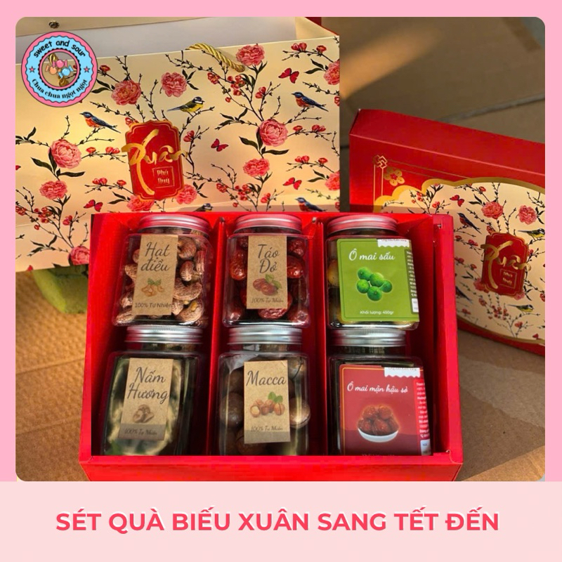 Sét quà biếu tết 2025 sang trọng lịch sự, set quà doanh nghiệp mứt tết và hạt dinh dưỡng, hộp quà bi