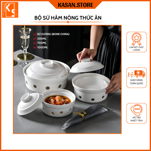 Bộ Bát Hâm Nóng Thức Ăn Sứ Xương Cao Cấp - 3 Kích Thước Tiện Dụng