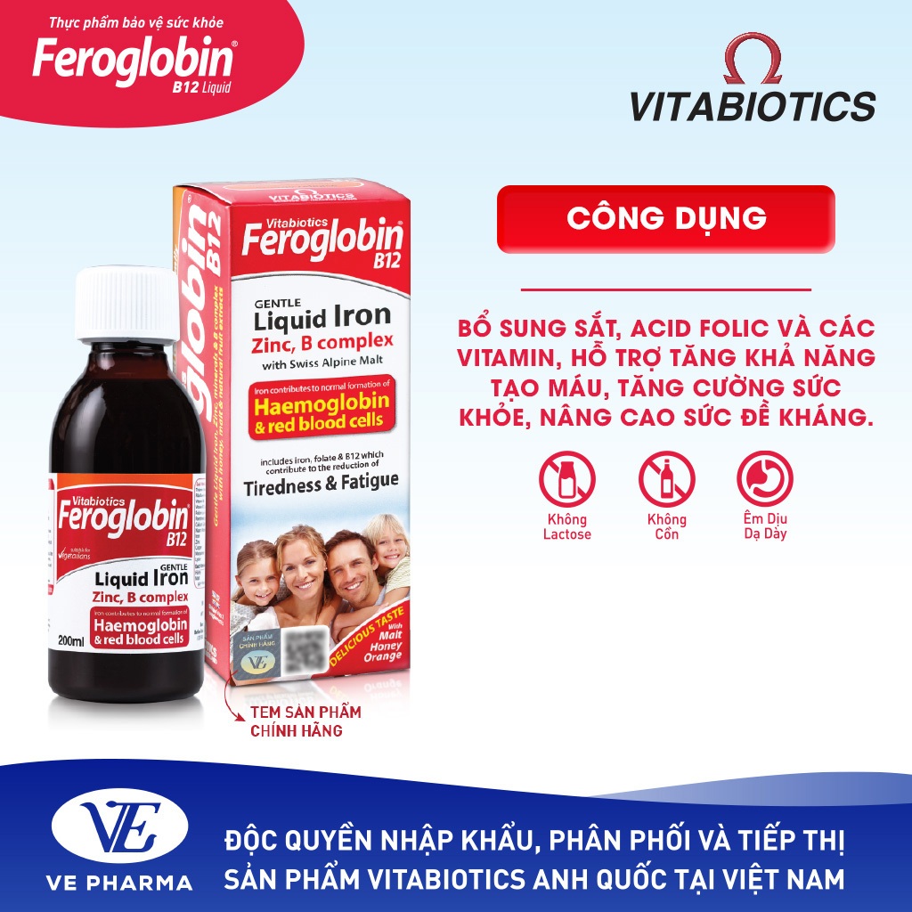 [HÀNG NHẬP KHẨU] TPBVSK FEROGLOBIN B12 Liquid - Hỗ Trợ Tăng Khả Năng Tạo Máu 200ml Vitabiotics