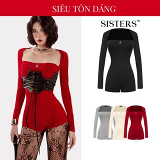Áo liền quần nữ SISTERS jumpsuit cổ vuông tay dài màu đen, đỏ, kem và xám ôm body sexy Juleen SIS-CLUB | SS2-J12