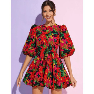 Đầm Voan in hoa Boho chiết eo dáng thanh lịch