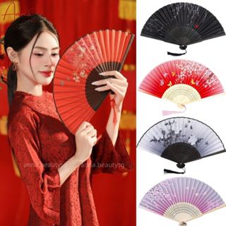 Quạt giấy cầm tay thân tre xòe cao cấp, quạt xếp cổ trang có sẵn tua rua