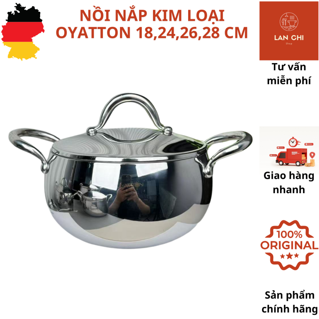 Nồi inox OYATTON 18,24,26,28 cm, nồi inox vung kim loại, nồi nắp kim loại, nồi inox cao cấp