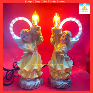 2 tượng thiên thần cầm đèn có hào quang 22cm Composite ( tặng bóng ) -  Đèn Thờ Công Giáo , trang trí bàn thờ