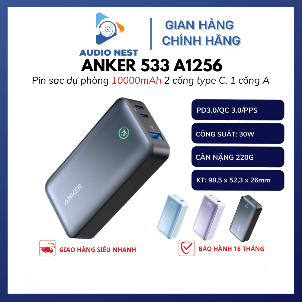Sạc nhanh dự phòng Anker 533 tiêu chuẩn 10000mAh 30w 3 Cổng  - A1256 Bảo Hành 18 Tháng