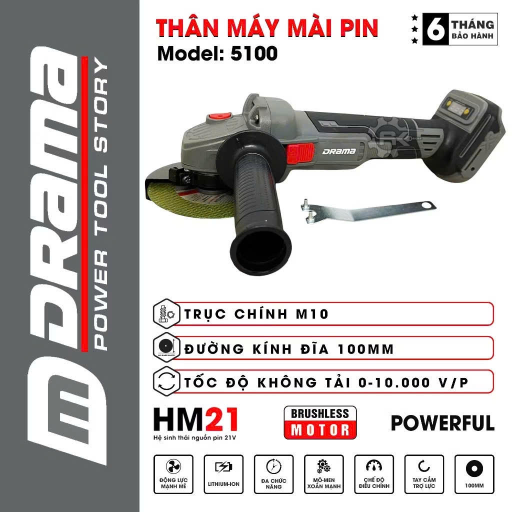 Máy mài pin DRAMA 5100, 900W Không Chổi Than, Dây đồng nguyên chất, Tặng 1 đá cắt