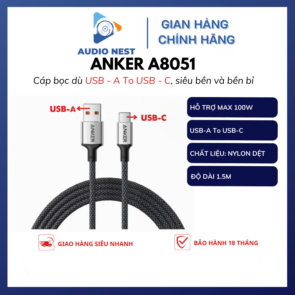 Cáp Sạc Anker A8051 USB - A To USB - C Dài 1.5M Hỗ Trợ 100W - Bảo Hành 18 Tháng.
