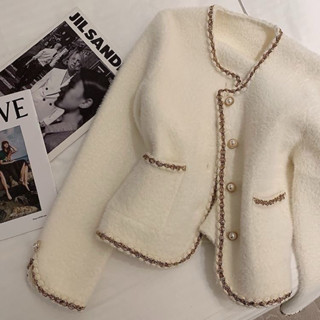  {SẴN} Áo Khoác Cardigan Len Nữ Giả Dạ Tweed Cổ Tròn Viền Kim Tuyến Cúc Ngọc Dài Tay Hàng Quảng Châu Phong Cách Hàn Quốc 