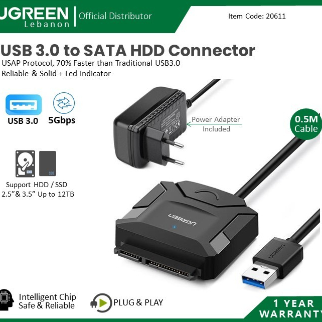 Cáp USB 3.0 to SATA Ugreen 20231 Cao Cấp (HDD,SSD 2.5-3.5 16TB+Adapter 12V)