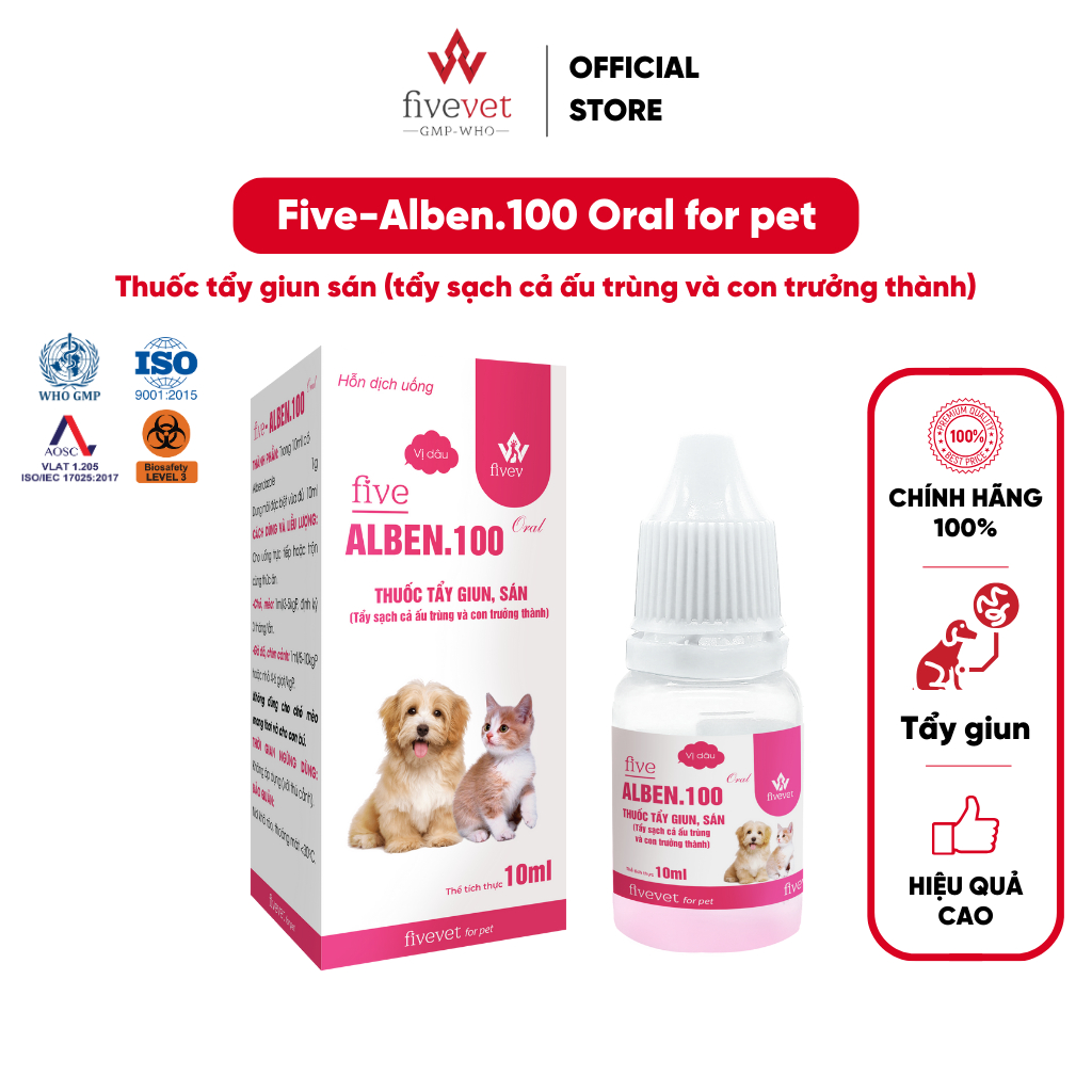 [10 ml] Five-Alben.100 Oral for pet Thuốc tẩy giun sán, tẩy sạch cả ấu trùng và con trưởng thành