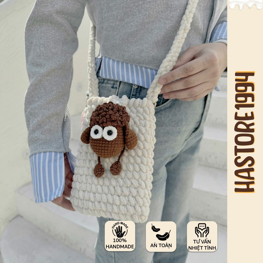 [ẢNH THẬT + IB MÁY] Túi đeo chéo hoạ tiết cừu bông len chống sốc đựng điện thoại, máy ảnh digital, c