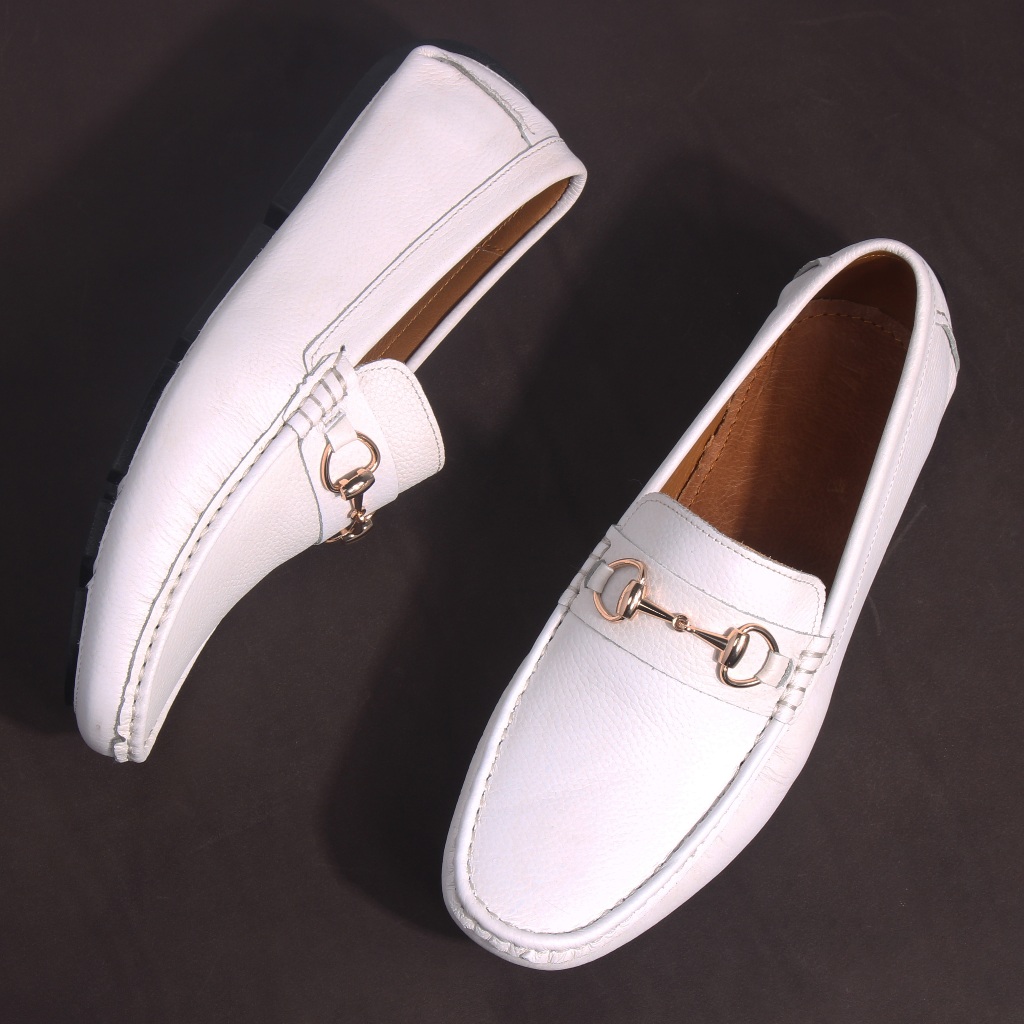 Giày Mọi Nam MICHILUX Horse Bit Moccasin CIEHM Da Bò Thật Màu Trắng