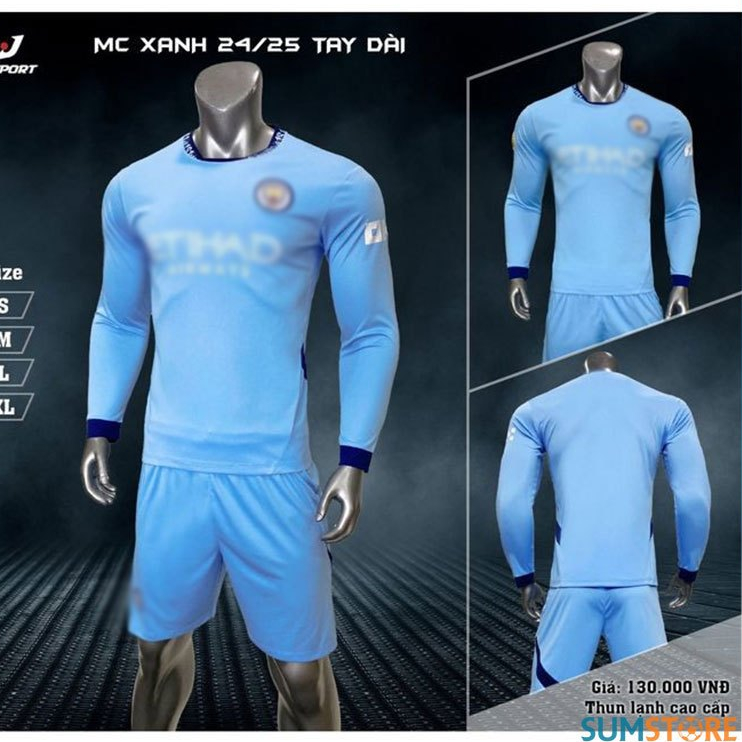 Bộ Áo Đá Banh Man-City Xanh Dài Tay 2024 - Đồ Bóng Đá Đẹp