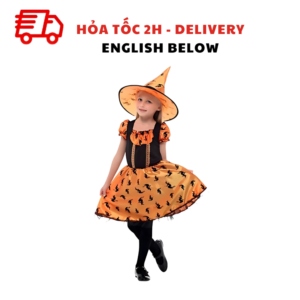 Bộ Trang Phục Hóa Trang Công Chúa Phù Thủy Đen Cam Cho Bé Gái - Halloween Pumpkin Witch Costume For 