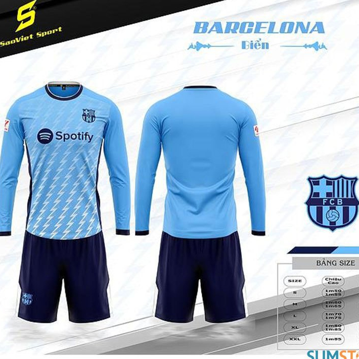 Áo Đá Banh Barca Xanh Ngọc Dài Tay 2025 - Đồ Bóng Đá Đẹp