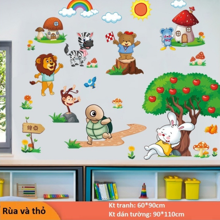 ️🎶️🎶Tranh decal dán tường RÙA VÀ THỎ cho bé - Decal dán tường️🎶️🎶