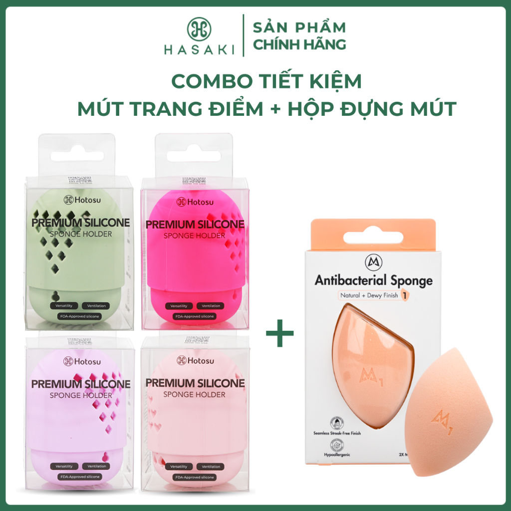 Combo Mút Trang Điểm Mastige + Hộp Đựng Mút Hotosu Silicone Cao Cấp Hasaki Sản Phẩm Chính Hãng