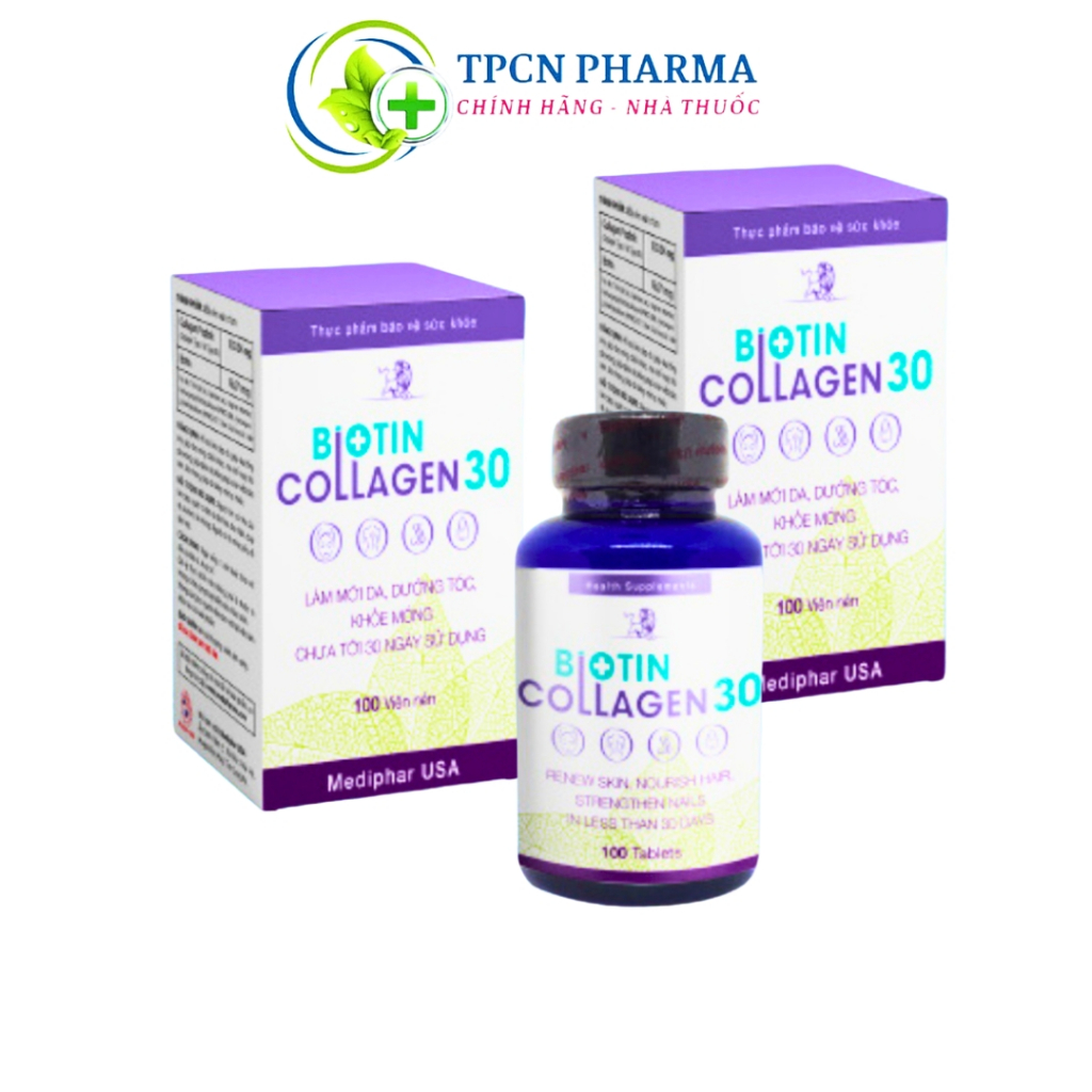 viên uống Biotin Collagen 30 Viên uống trắng mịn da, hỗ trợ mọc tóc chuẩn - Hộp 100 viên