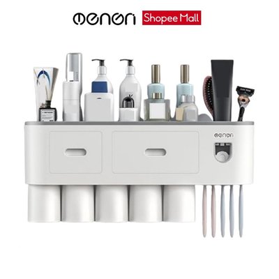 Kệ Treo Bàn Chải Kem Đánh Răng OENON 5 Cốc - Dán Tường Gạch Men Kèm Cốc Hút Nam Châm - OEKEM