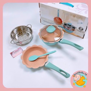 Bộ Nồi Chảo Ăn Dặm Cho Bé Hình Hoa 12 cánh Tráng Men Đá Cao Cấp Goodbabyvn
