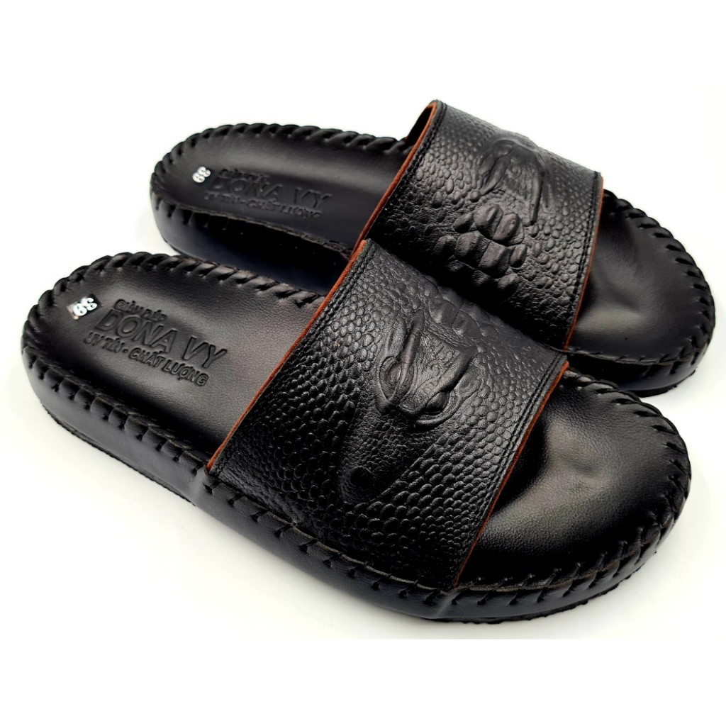 Dép Quai Ngang Nam Da Bò Thật NDK Cao Cấp, Quai In Vân Cá Sấu Nổi Bật, May Quai Full Chắc Chắn Bao Đi Nước N.Csl