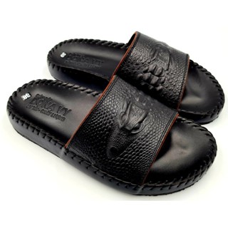 Dép Quai Ngang Nam Da Bò Thật NDK Cao Cấp, Quai In Vân Cá Sấu Nổi Bật, May Quai Full Chắc Chắn Bao Đi Nước N.Csl