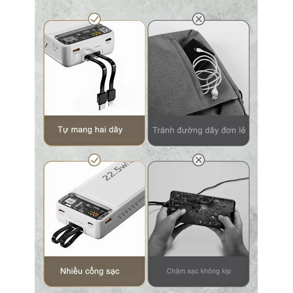 Sạc dự phòng 30000mah công suất nhanh 100w dung lượng pin lớn có sẵn dây cho điện thoại | BigBuy360 - bigbuy360.vn