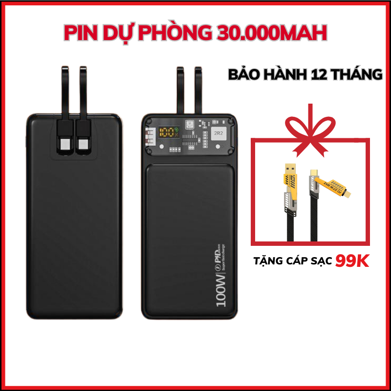 Sạc dự phòng 30000mah công suất nhanh 100w dung lượng pin lớn có sẵn dây cho điện thoại | BigBuy360 - bigbuy360.vn