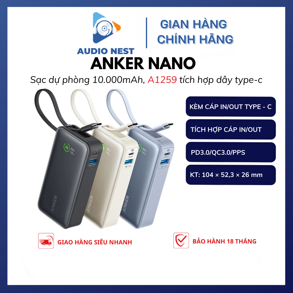 Sạc Dự Phòng Anker Nano A1259 sạc nhanh 10000mAh 30W kèm cáp type C in/out, tương trợ PD PPS QC- BH 