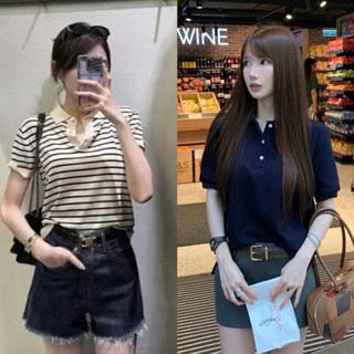 Áo len dệt cổ bẻ tay ngắn phong cách cúc ngực, chất liệu len dệt kim, kiểu dáng sang trọng, dễ phối đồ (40-62kg)