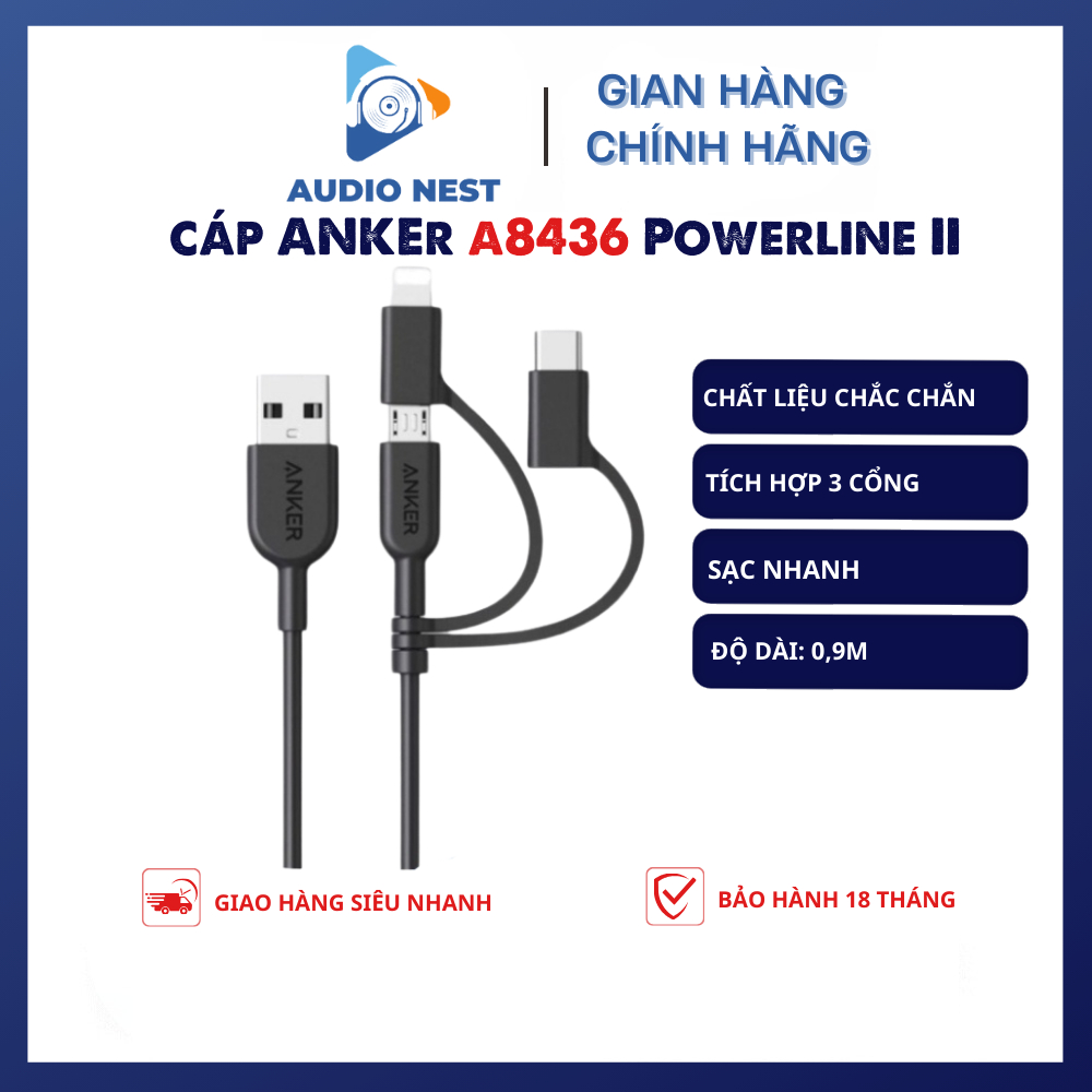 Cáp tích hợp 3 Cổng Anker A8436 PowerLine ll Cáp sạc Micro USB 3 trong 1 USB-A sang USB-C với MFI - 