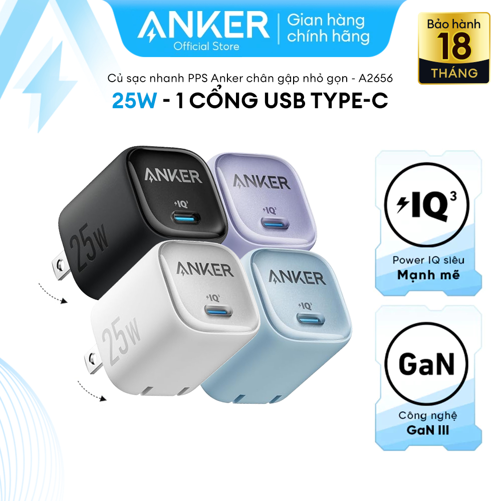 Củ sạc nhanh 25W PPS Anker chân gập nhỏ gọn hỗ trợ sạc nhanh | 1 cổng USB Type-C - A2656