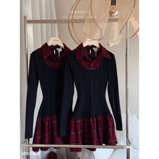 Đầm váy cổ sơ mi đen phối kẻ đỏ chân váy xòe ngắn thiết kế basic TỰ MAY LẠI, Đầm dài tay cổ sơ mi caro thiết kế tiểu thư